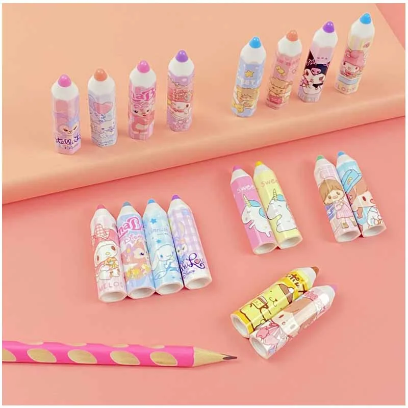 4PCS Sanrios Kuromi My Melody PurinDog Cinnamoroll Pochacco Pencil Cap Anti Rolling Pen Cover Student Stationery Pencil Extender