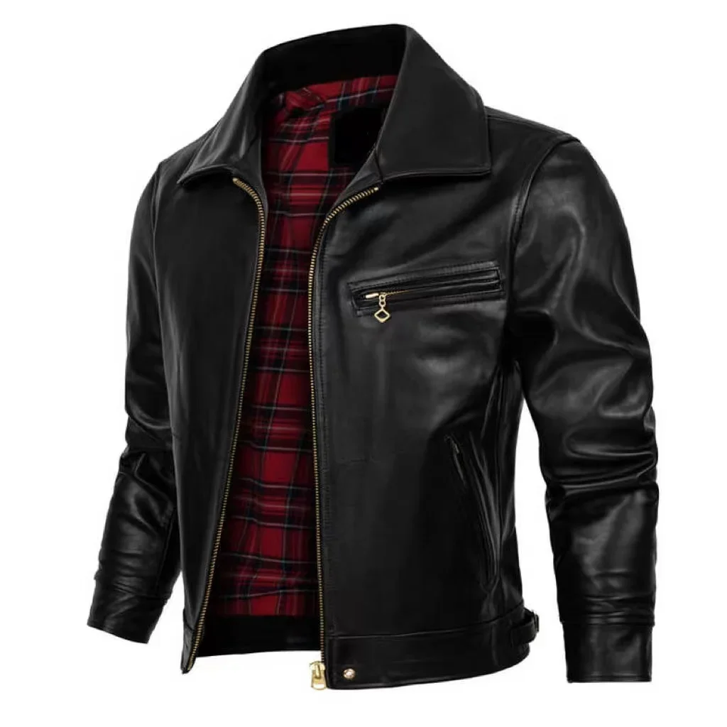 Классическая Черная мужская куртка из натуральной воловьей кожи простая