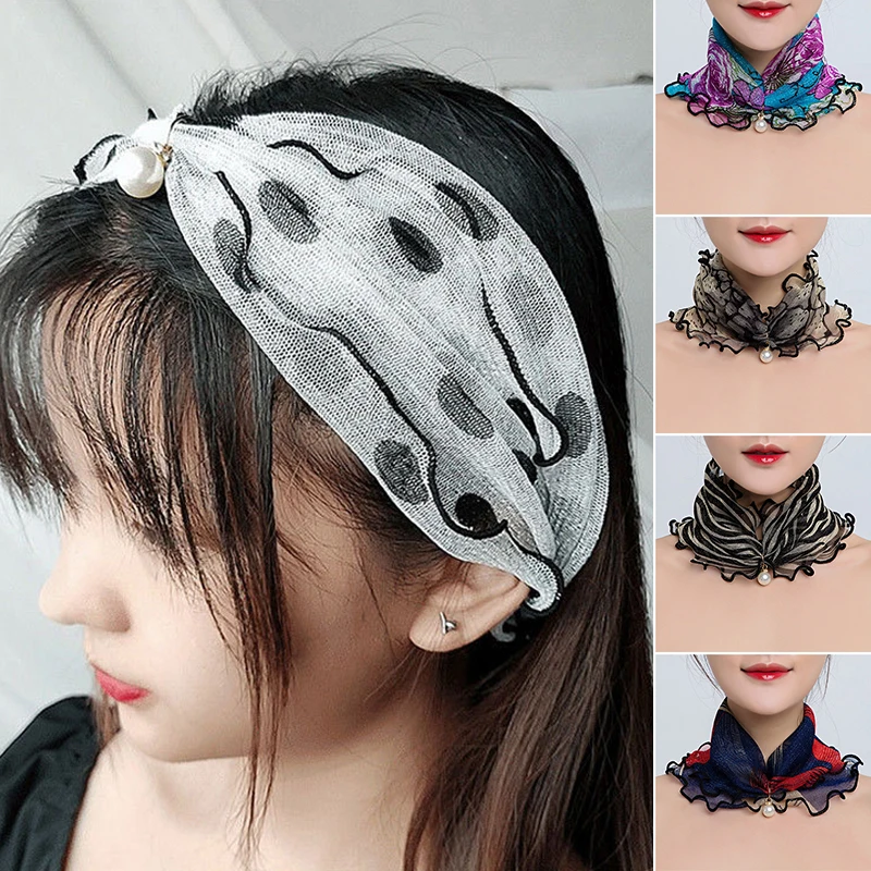 

Hot Shiny Headscarf Organza Neck Collar Scarf Pearl Pendant Chiffon Scarves Ruffle Lace Scarf 1PC DIY Fashion Elegant Soft Thin