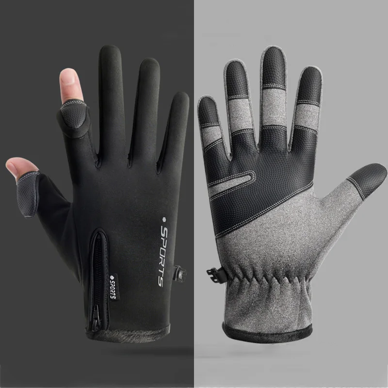 

Winter Cycling Gloves Two-Finger Fishing Men Women Touch Screen Zipper Autumn Waterproof Reflect Light Warm Motorcycle Gloves