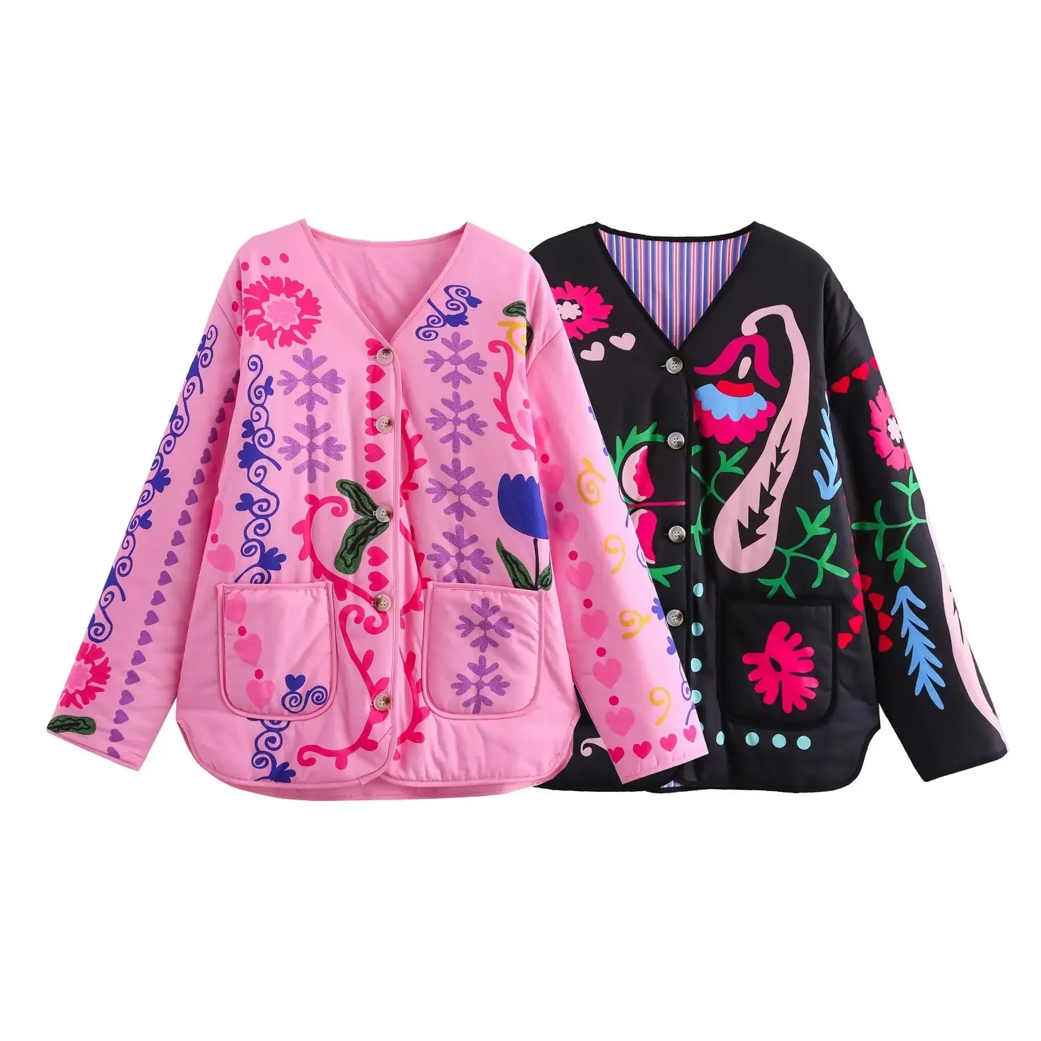 2024 новый стиль свободный крой хлопковое пальто с круглым вырезом и принтом