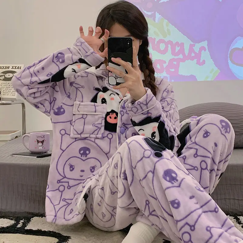 

Cute Hello Kitty Kuromi cartoon kawaii pajamas for women autumn and winter flannel long-sleeved thickened fat MM home clothes