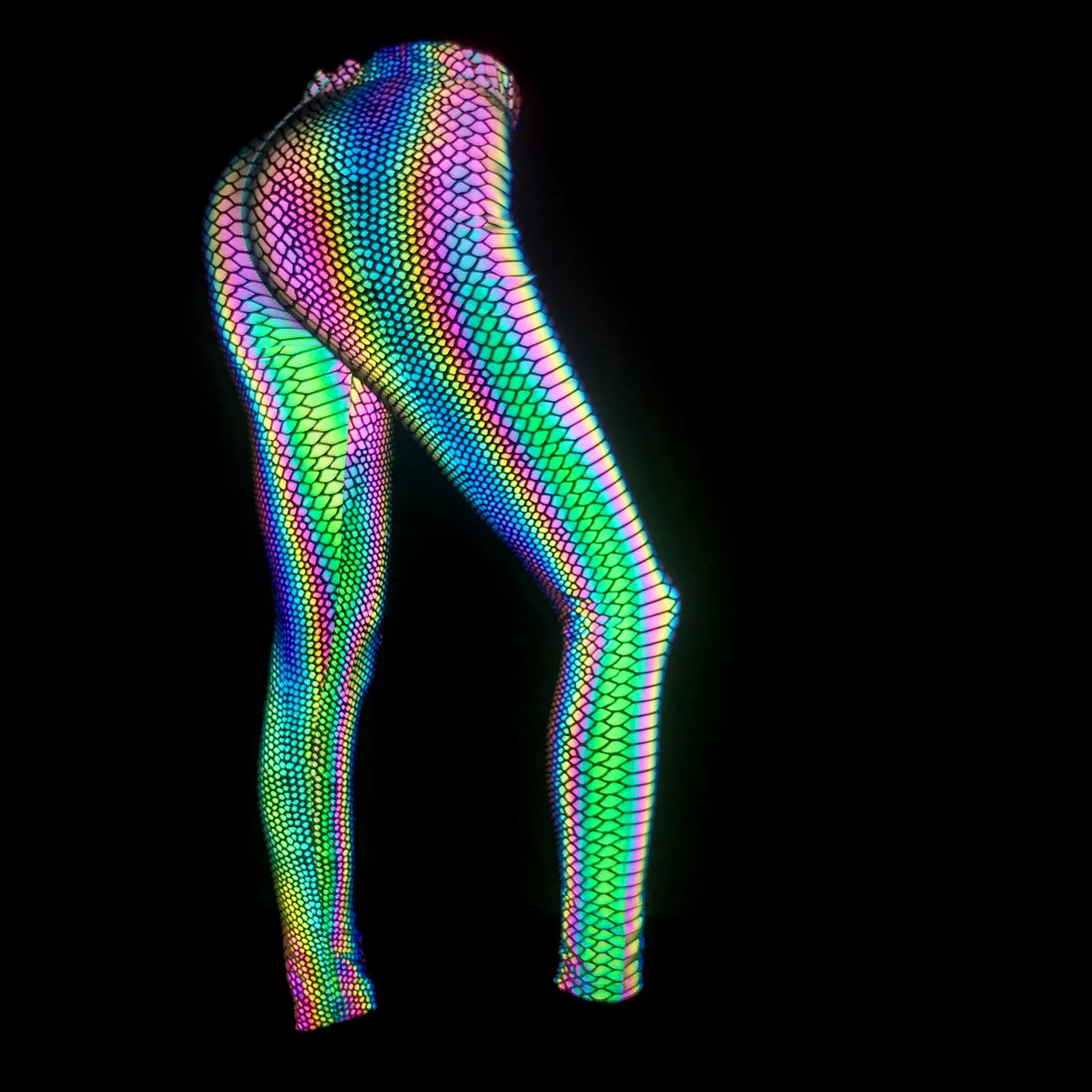 Women's Med Waist New Snakeskin Colorful Reflective Ankle Length Leggings Fitness Sports Hip Lift Elastic Pants Night Club Wear