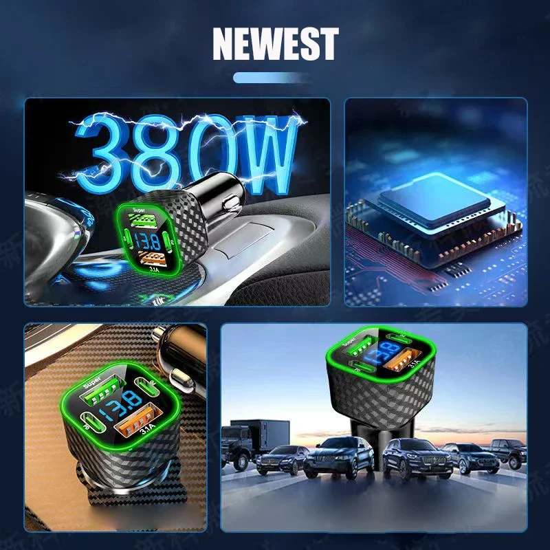 Автомобильное зарядное устройство HAOGU 380 Вт USB C Dual PD 4 в 1 с дисплеем напряжения