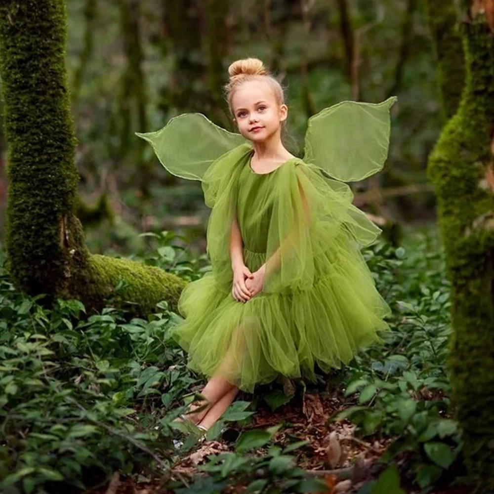 

Green Genie Flower Girls Dresses 2023 O-Neck Tulle Puffy Kids Wedding Party Dress Knee-Length Zipper Cute Child Bridel Gowns
