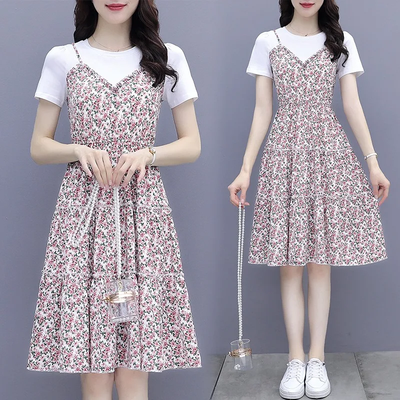 

Женское летнее платье с принтом, Пляжное шифоновое платье с О-образным вырезом и коротким рукавом