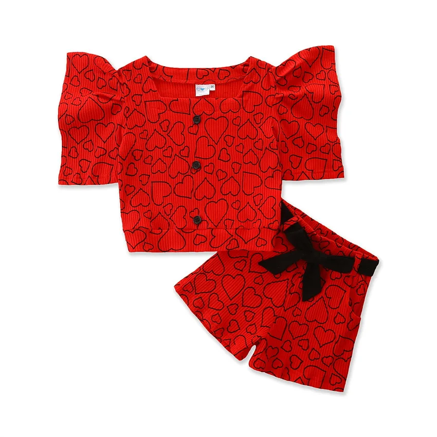 

Summer Girl Set Heart Print Blouse + Shorts Suits for Kids Fashion Children Set Clothes