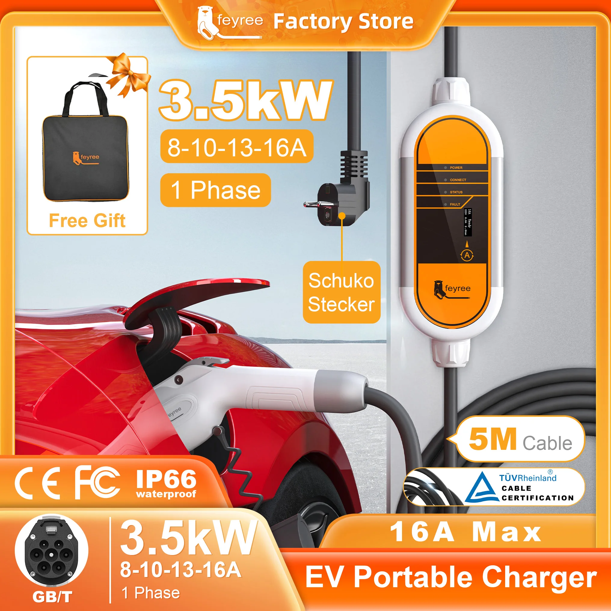

Feyree GB/T Шнур Зарядное устройство для электромобилей 16A 3,5 кВт 1-фазное портативное зарядное устройство Регулируемый ток 5 м Зарядный кабель для электромобиля
