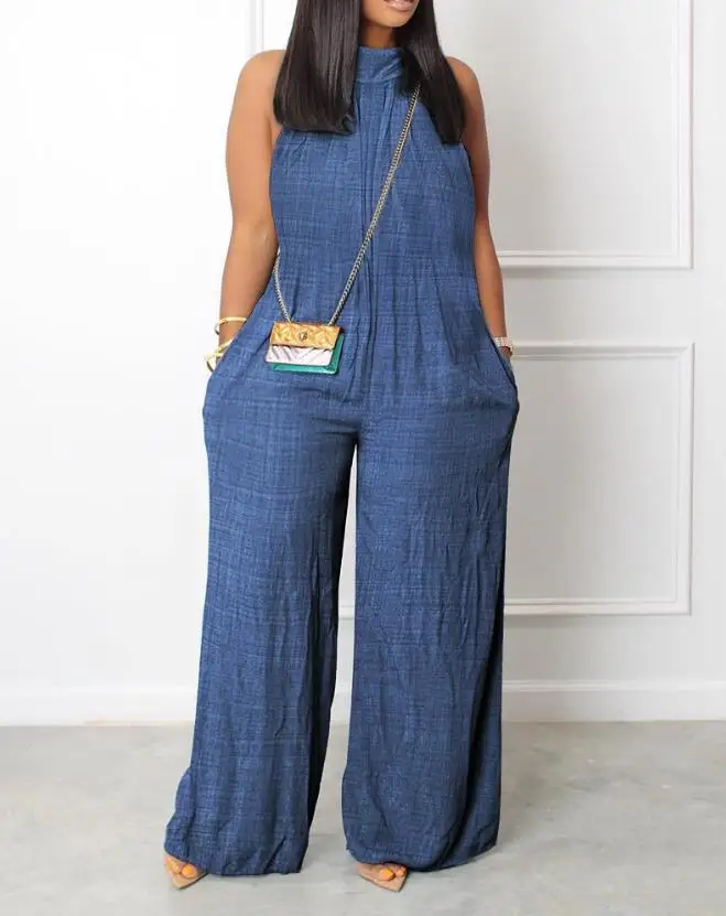 

Fashionable New Hot Selling Casual Women's Denim Design with Printed Pockets and Wide Leg Jumpsuits