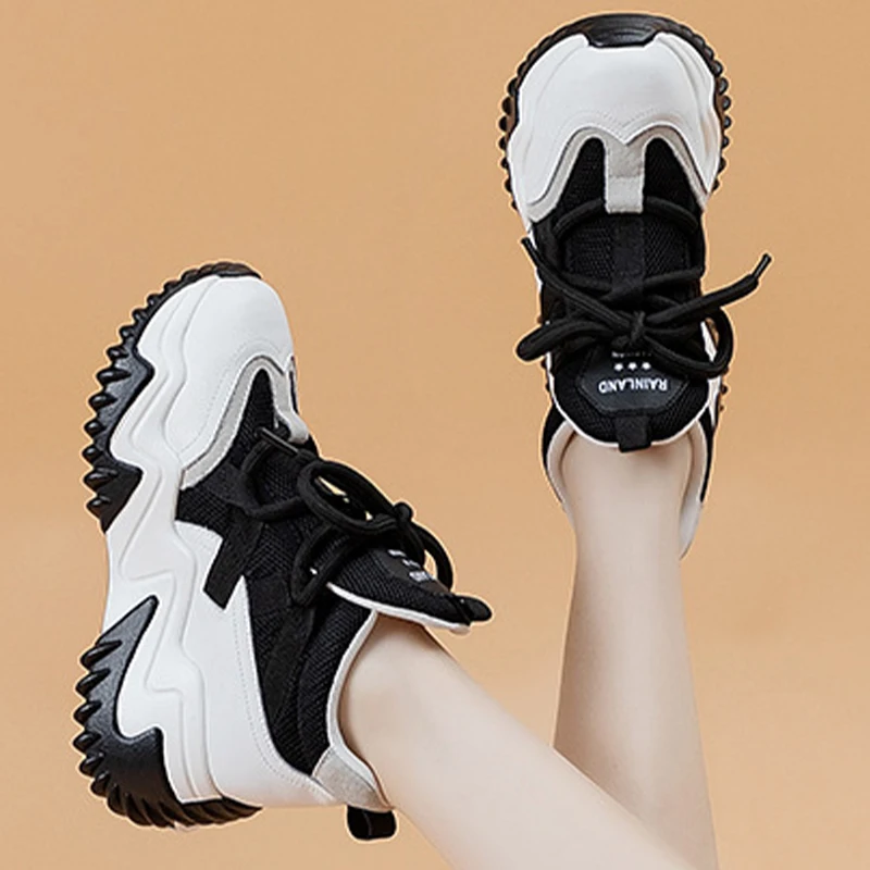 Fashion 7cm Genuine Leather Chunky Sneakers Current 2023 Mesh Female Summer Women Vulcanize Comfy Casual Lace Up Ladies Shoes