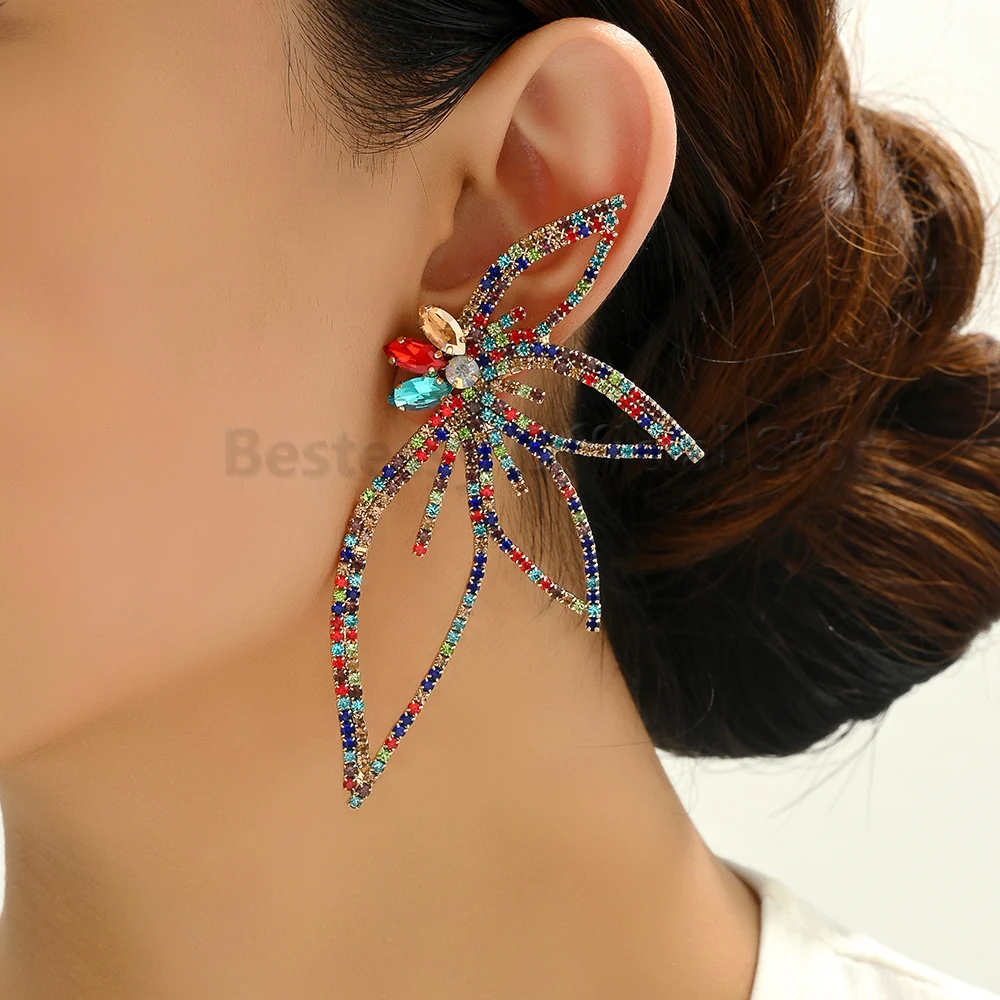 

Luxury Rhinestone Butterfly Wings Big Dangle Earrings For Women 2023 Trend Party Wedding Exaggerated Statement Catwalk Jewelry