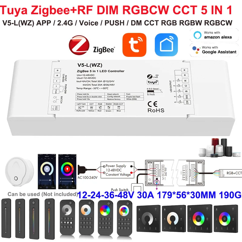 Фото Контроллер Zigbee LED 2-в-1/5-в-1, 12В/24В, диммер CCT RGBCW для светодиодных лент, управление 2.4G RF пультом, приложение Tuya Smart Life для Alexa Google №1