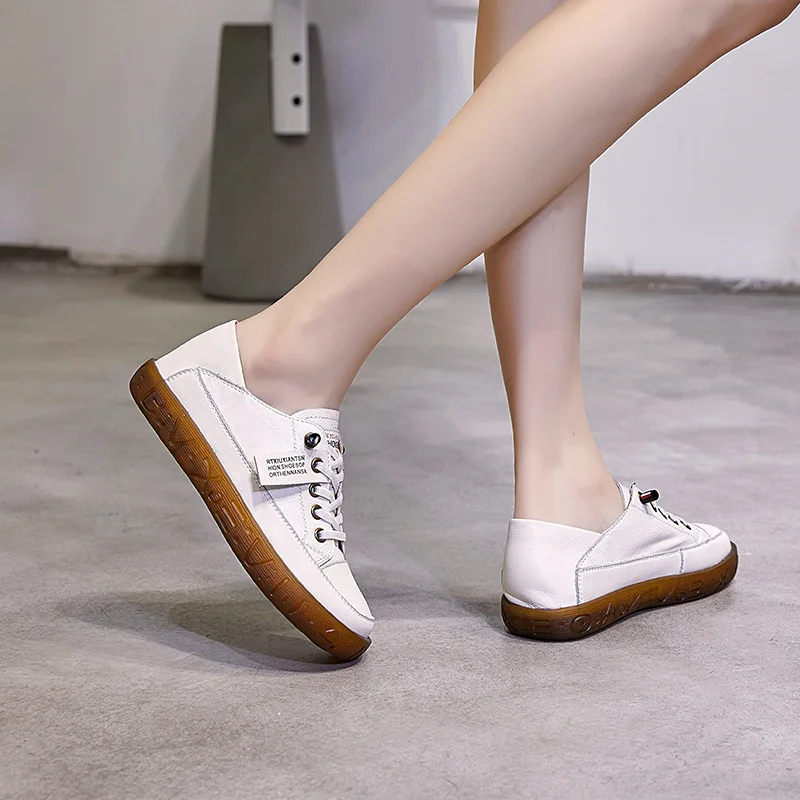 Loafer Shoes Woman Spring 2023 New First Layer Cowhide Low Top Little White Shoes Woman Vintage Soft Soled Student Single Shoes