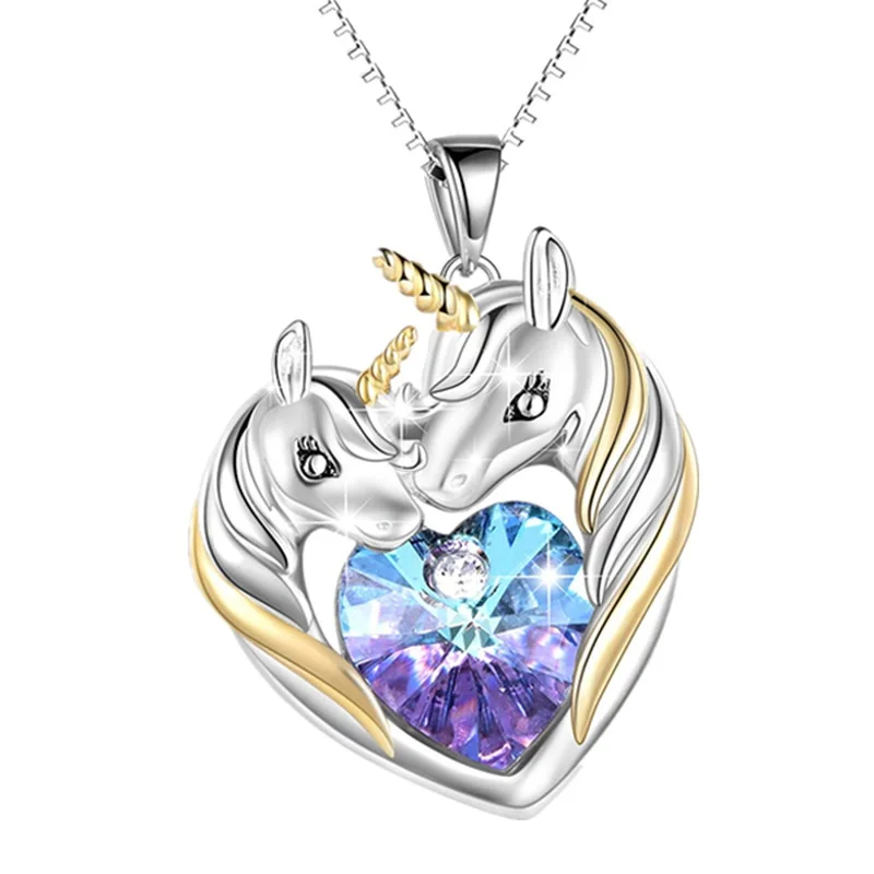 Collier licorne plaqué or bicolore pour femmes  bijoux animaux  pendentif en cristal en forme de