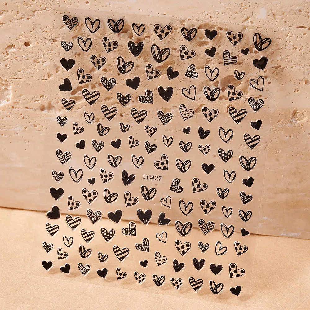 

Black Heart Flower Nail Art Sticker Hand Painted 3D Transparent Nail Decals for Simple Leaf Love Design Manicure DIY Stickers #*