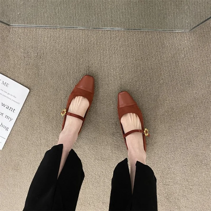 New Women's Flats Patchwork Mary Jane Shoes Flower Buckle Strap Designer Shoes Faux Suede Vintage Zapatos Mujer Spring 1192N