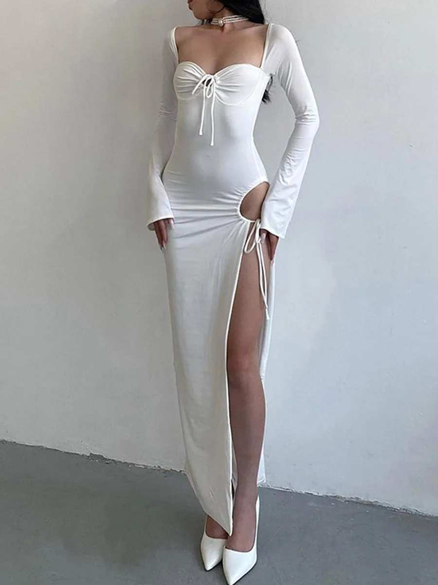 

Черно-белое женское платье с длинным рукавом в Корейском стиле модное асимметричное длинное пикантное платье-футляр с Боковым Разрезом однотонное элегантное шикарное летнее