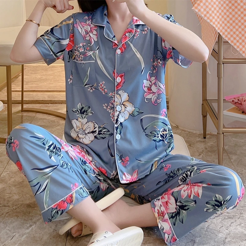 Summer Cotton Pajamas Women's Floral Print Short-sleeved Trousers Cardigan Sweet Casual Loose Luxury Home Wear Pj Sets for Women