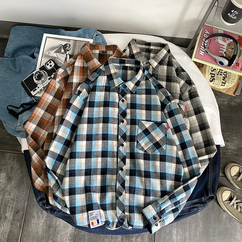 High Quality Plaid Shirt Men Cotton Long Sleeve Loose Harajuku Streetwear Lannel Vintage Shirts Korean Casual Retro Blouses Man