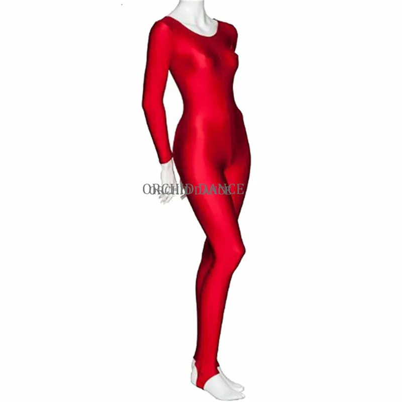 

Блестящий женский гимнастический комбинезон с круглым вырезом и длинным рукавом