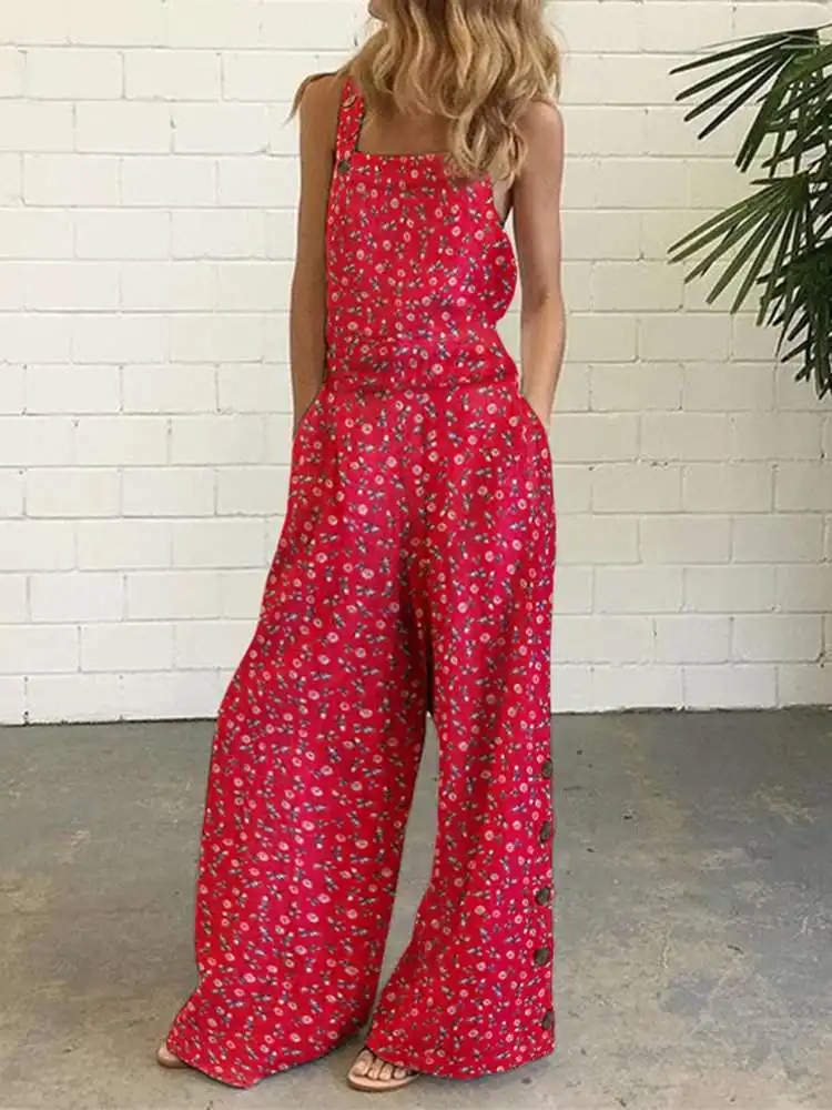 

VONDA 2022 Oversize Women Long Cotton Rompers Summer Casual Overalls Wide Leg Pants Holiday Sleeveless Jumpsuit Party Playsuits