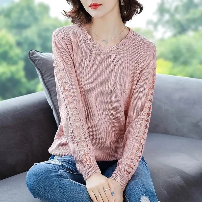 

Korean Style Hollow Out Knitted Tops Women Spring Long Sleeve Thin Sweater Casual Loose Solid Color O-neck Knitting Pullover