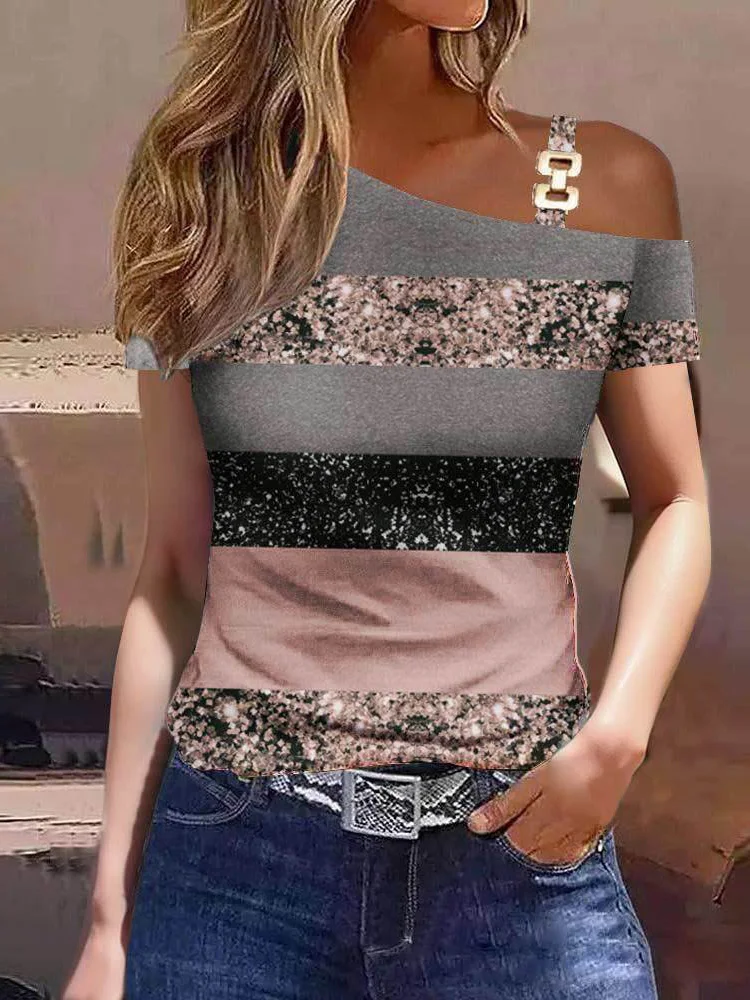 

Fashion Woman Blouses Spring Contrast Leopard Cold Shoulder Casual Long Sleeve Skinny Daily T-Shirt Top