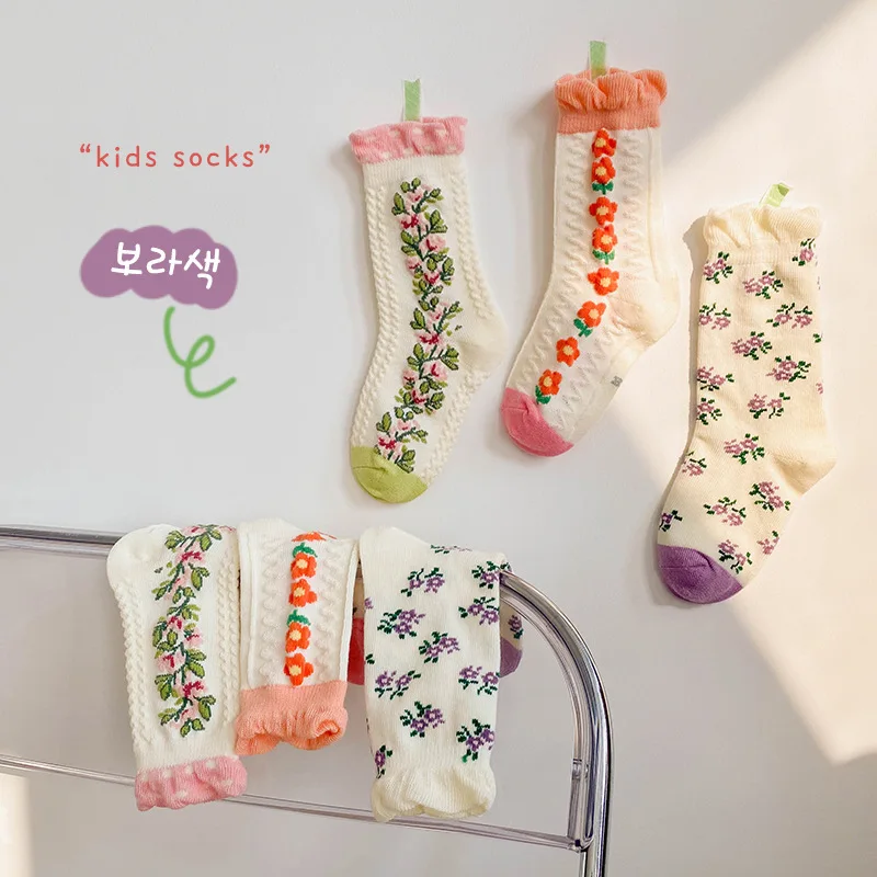 3 pairs of children's socks 2023 spring floral socks for girls socks pastoral thin kids socks 여자 어린이 양말  cute socks Cotton socks