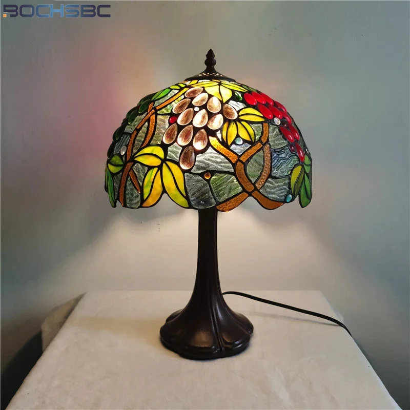 

BOCHSBC Tiffany Style Antique Decor Desk Lamp Stained Glass Handcraft Art Table Light Green Red Purple Grape Shade Alloy Frame