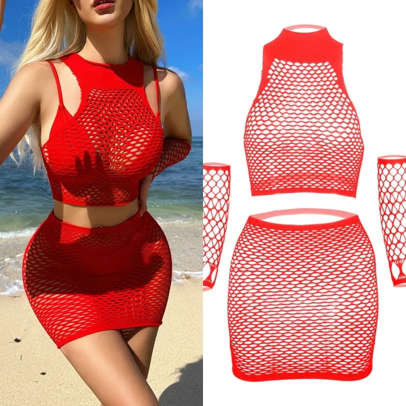 

Sexi Women Night Dress With Gloves Hollow Out Erotic Lingerie Set Plus Size Mesh Underwear For Intimate Babydoll Sexy Costumes