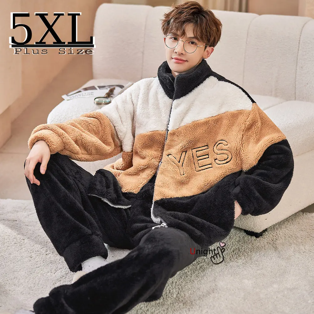 

QUHENG Coral Fleece Pajamas Men Set Autumn Winter Flannel Letter Zipper Pijamas Home Clothes Suits Thick Warm Pyjama Sleepwear