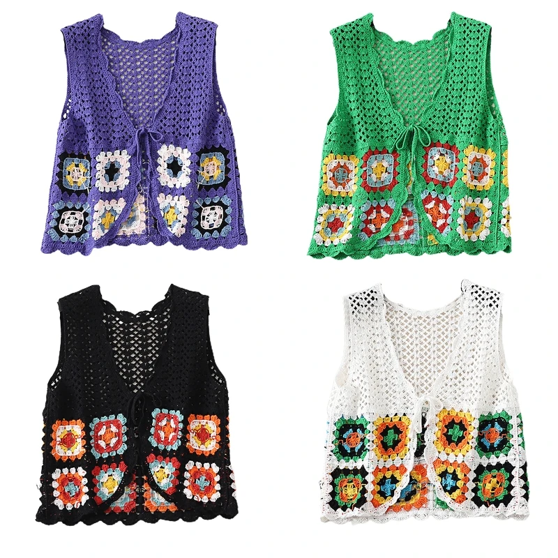 

Women Crochet Knit Waistcoat Lace-Up Open Front Sleeveless Crop Cardigan Ethnic Colorful Plaid Sweater Vest Shrug Jacket