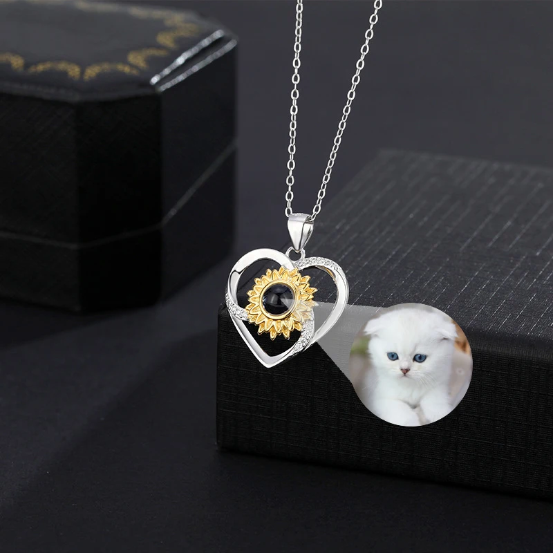 925 Sterling Silver Custom Photo Projection Necklace For Women Rotating Love Heart Sunflower Pendant Memory of Love Gifts