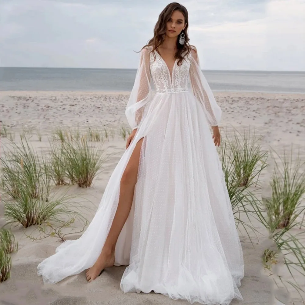 

Sexy High Slit Long Puff Sleeves Tulle Boho Wedding Dress Deep V-Neck Appliques A-Line Beach Bride Dresses Bohemian 2022