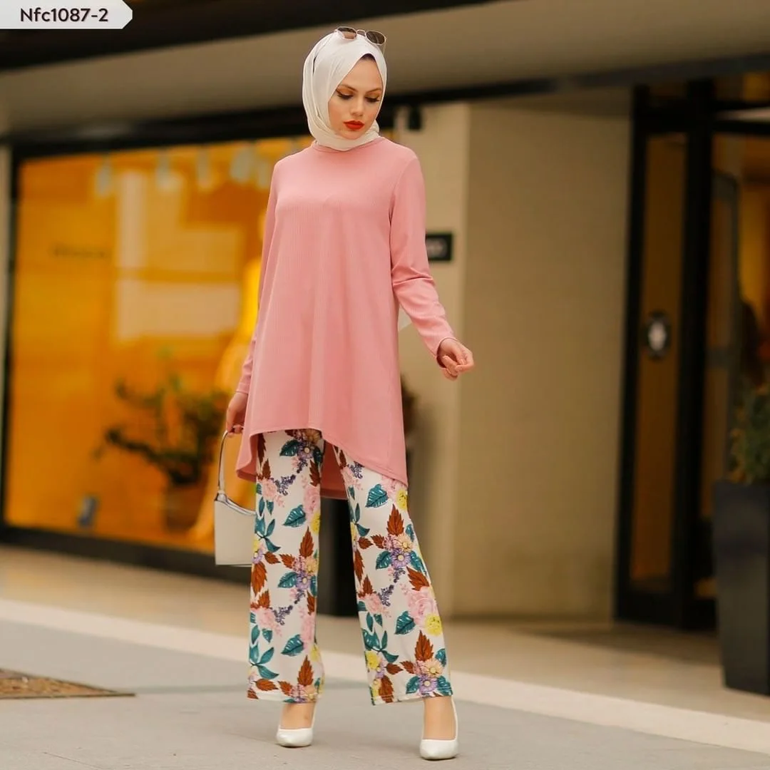 Vintage Muslim Soft Ribbed Knit Solid Long Sleeves Tops and Printed Pants 2 Piece Sets Islamic Casual Elegant Women Autumn Suit