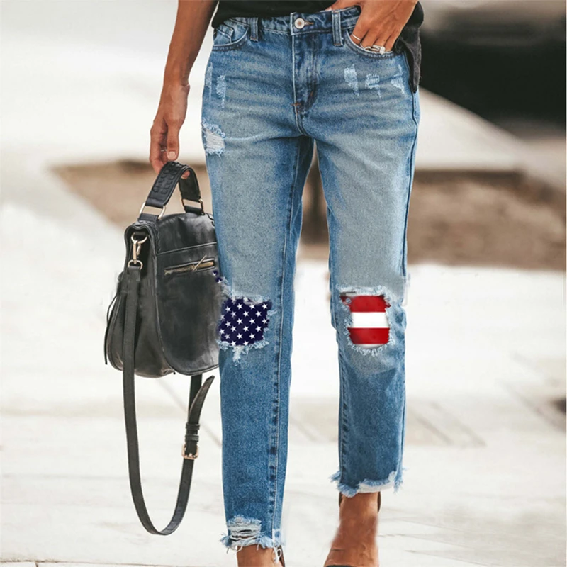 

Женские узкие рваные джинсы с флагом и звездами, брюки для девушек и подружек, модная женская одежда, брюки-скинни, 4 июля 2022