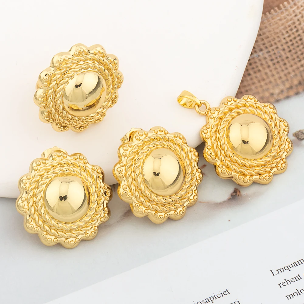 

18k Gold Plated Jewelry Set for Women African Dubai Round Earrings and Pendant with Ring 3Pcs Set for Weddings Hohemia Jewellery