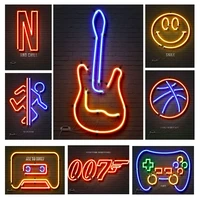 neon light game player audio tape guitar canvas painting printed art deco poster as room home wall decoration frameless