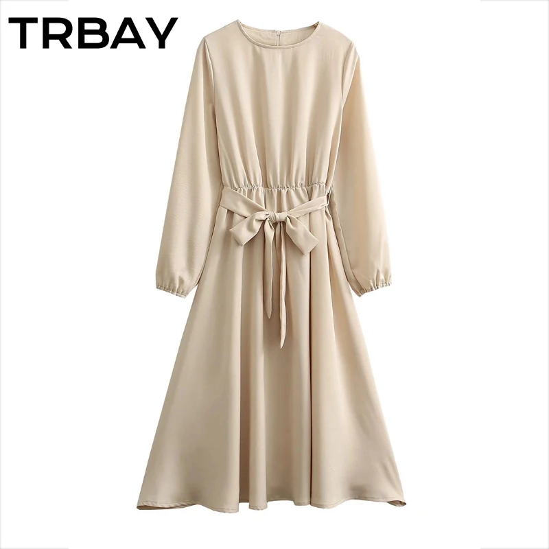 

Платье-миди женское повседневное с круглым вырезом и длинным рукавом