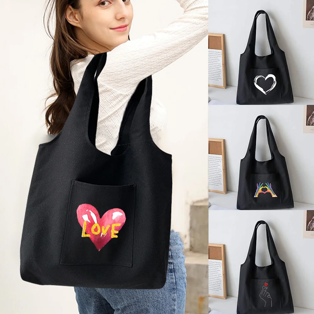 

Ladies Shopping Tote Bag Reusable Shopper Organizer Casual Canvas Large Capacity Foldable Love Printed Shoulder Bag Handbag