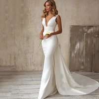 elegant v neck mermaid wedding dresses 2022 sleeveless bow simple satin bridal dress beach backless for bride vestidos de novia