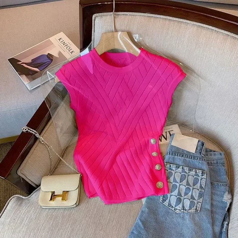 Элегантная женская футболка без рукавов во французском стиле новинка 2024 вязаный