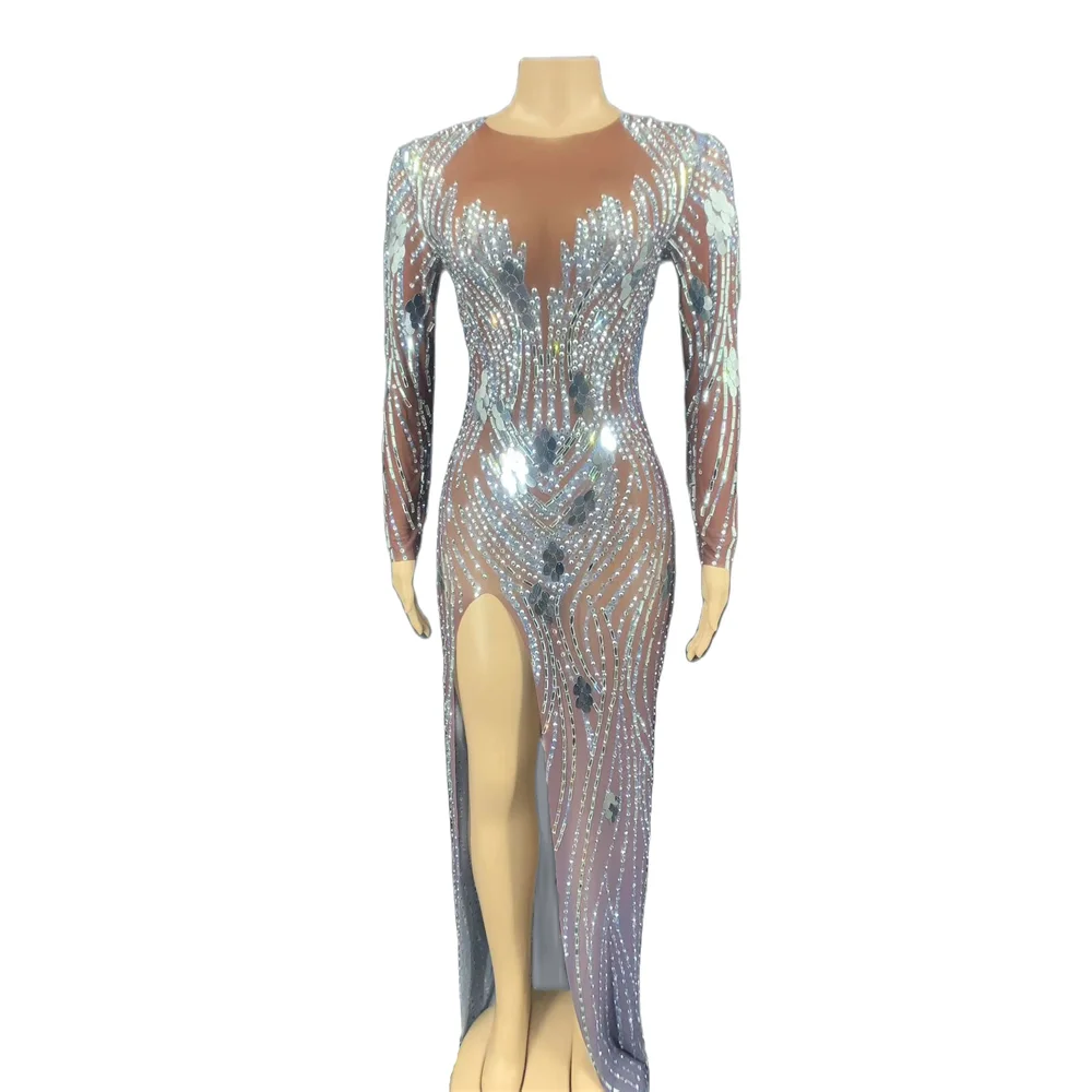 

Brown Shining Sequins Crystal Sparkly Rhinestones Split Sexy Women Long Dress Evening Party Cloth Stage Singer Costumes