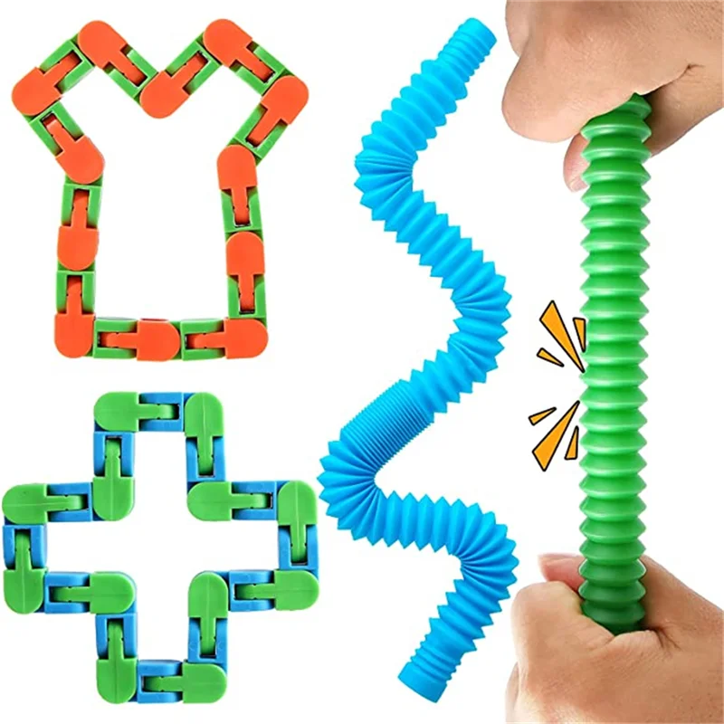 

4/7 Pack Sensory Pop Tube Wacky Tracks Snap Click Fidget Toys Set Snake Puzzles Pops Pipes Stress Anxiety Relief Educational Toy