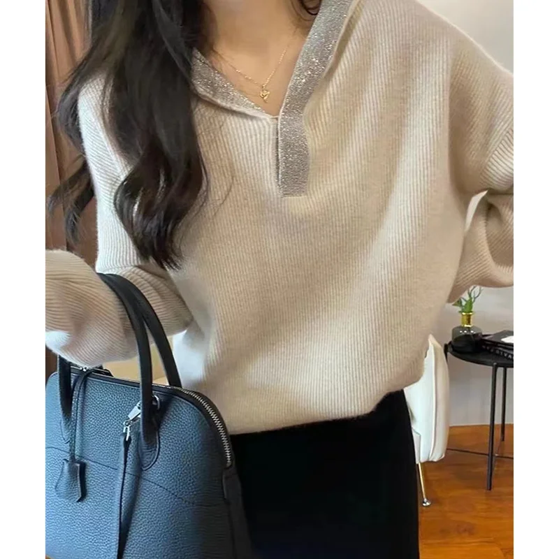 Women Wool Pullover 2022 New Chic Sequin Hooded Cashmere Knitwear Women's Fall/winter Pullover Hoodie Top Lazy Loose Wool Hoodie