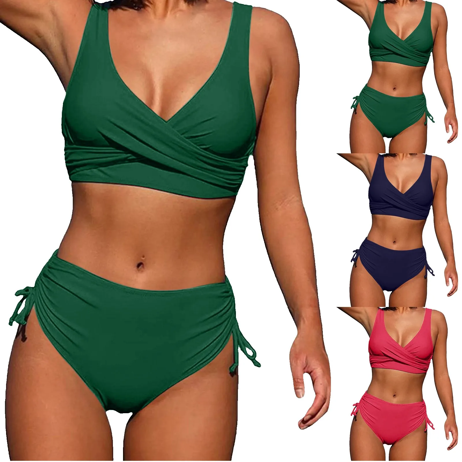 

Женское бикини с разрезом, ажурное однотонное пикантное бикини с завышенной талией, на шнуровке, два стринга, бикини для отдыха в бассейне