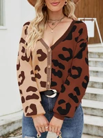 leopard knitted cardigan women y2k clothes contrast color autumn winter new v neck single breasted long sleeve cardigan sweaters