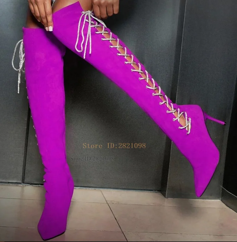 Фиолетовые замшевые кожаные сапоги до колена со шнуровкой на молнии и боковым