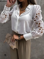 women elegant white shirts with lace design long sleeve office ladies blouses hollow out button up shirts top female shirts 2022