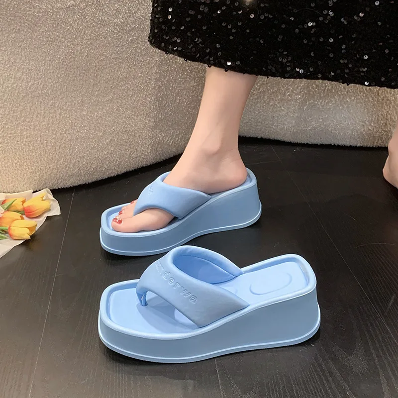 2023 Summer Thick Sole Wedges Flip-Flops Women Chunky Platform Beach Slippers Woman Plus Size 43 Clip Toe Wedge Heeled Sandals